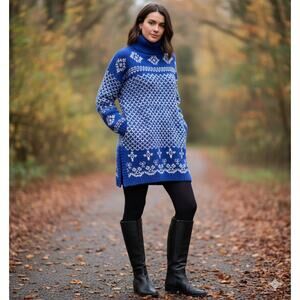 Jones New York Blue Fuzzy snowflake Mohair Wool Tunic Turtleneck Sweater ,L-XL